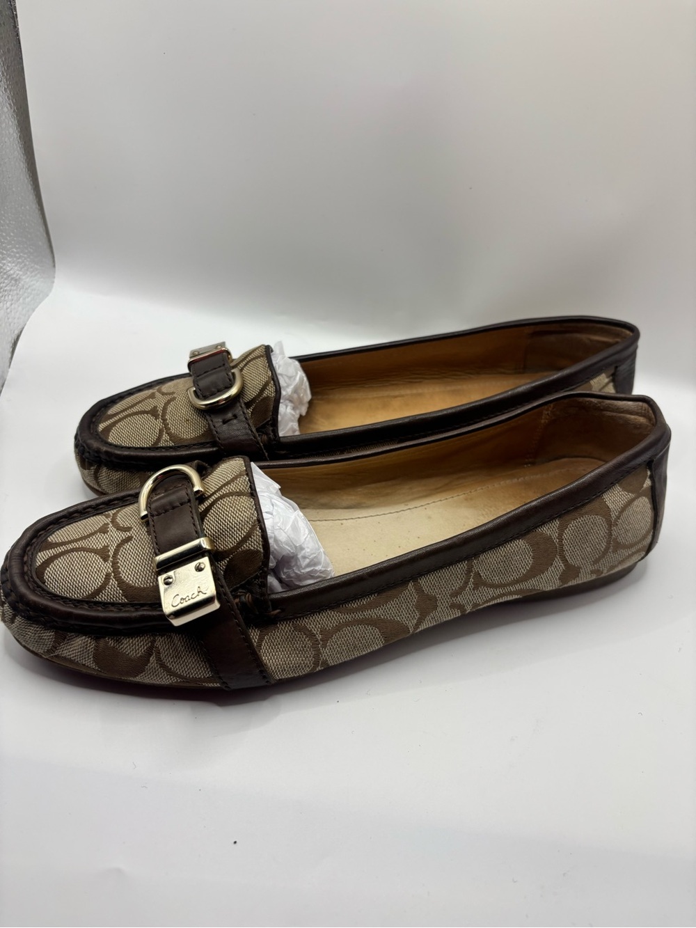 Coach Brown Signature Canvas Loafers with Gold-Tone Buckle
